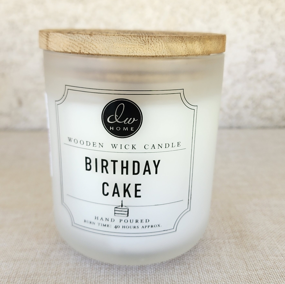 New DW Home Birthday Cake Wooden Wick Candle - White with Natural Wood Lid